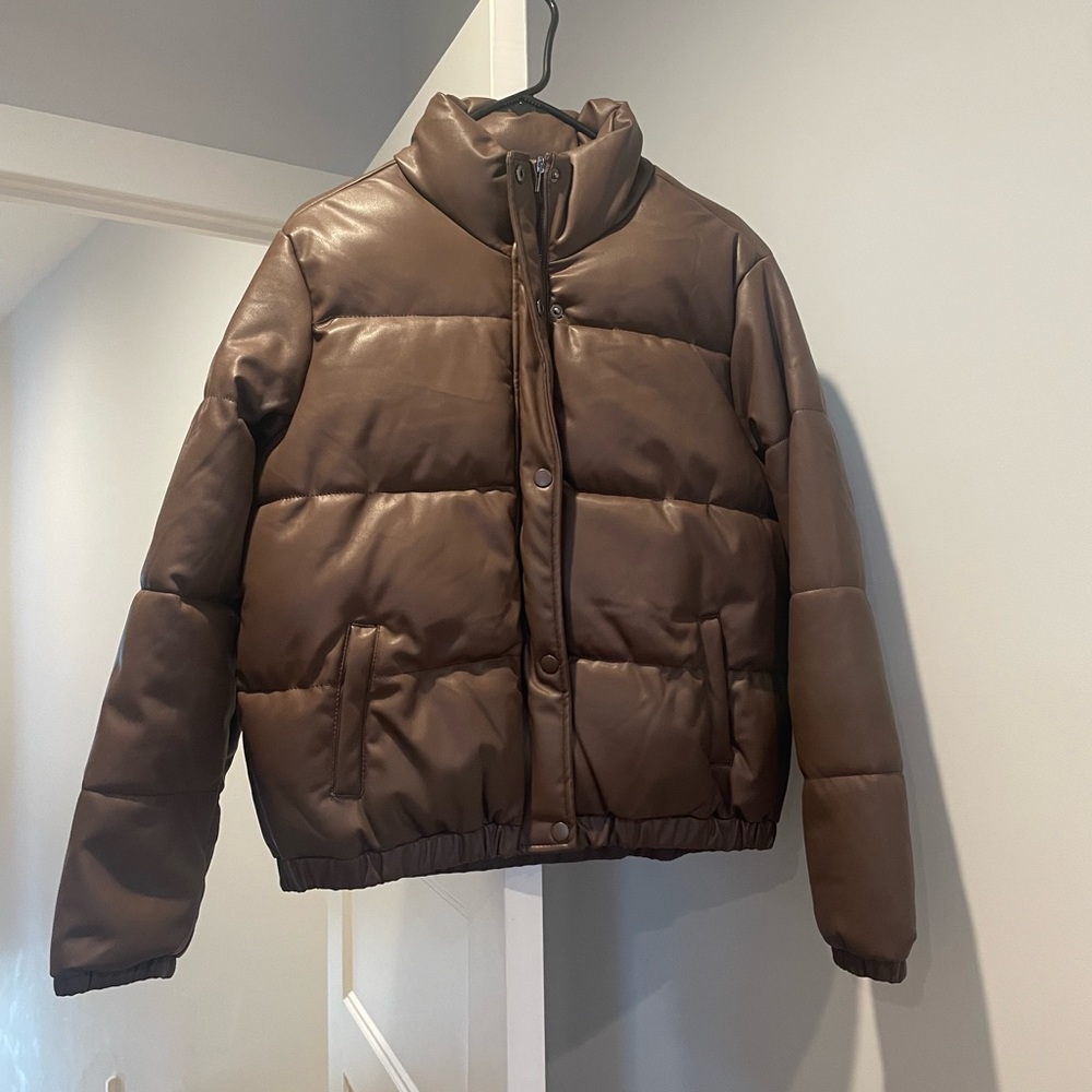 Brown Pleather Puffer Jacket